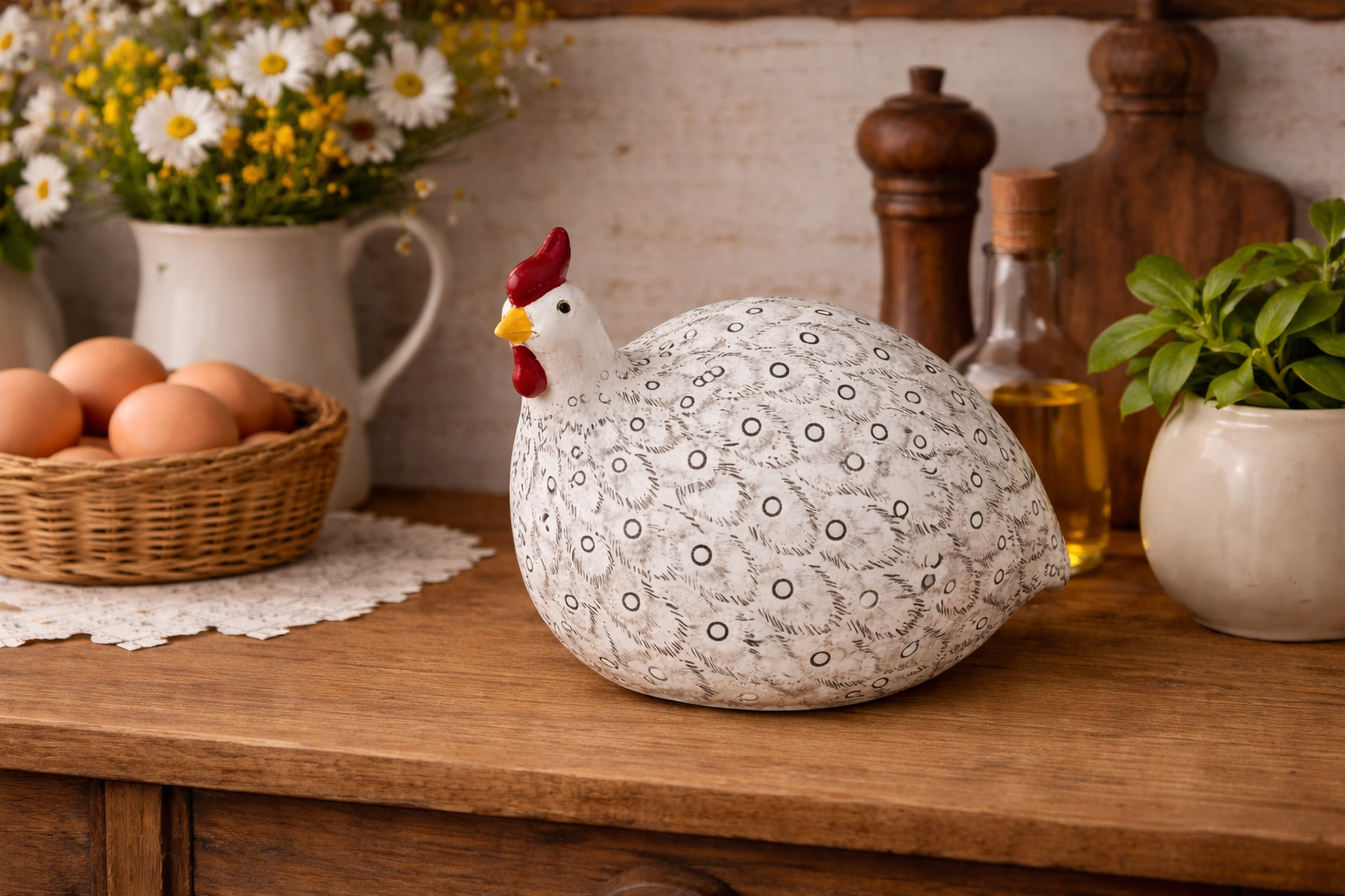 Perlhuhn Huhn weiss/schwarz Polyresin Ostern Figur Skulptur Landhaus Ø23x13cm H17cm