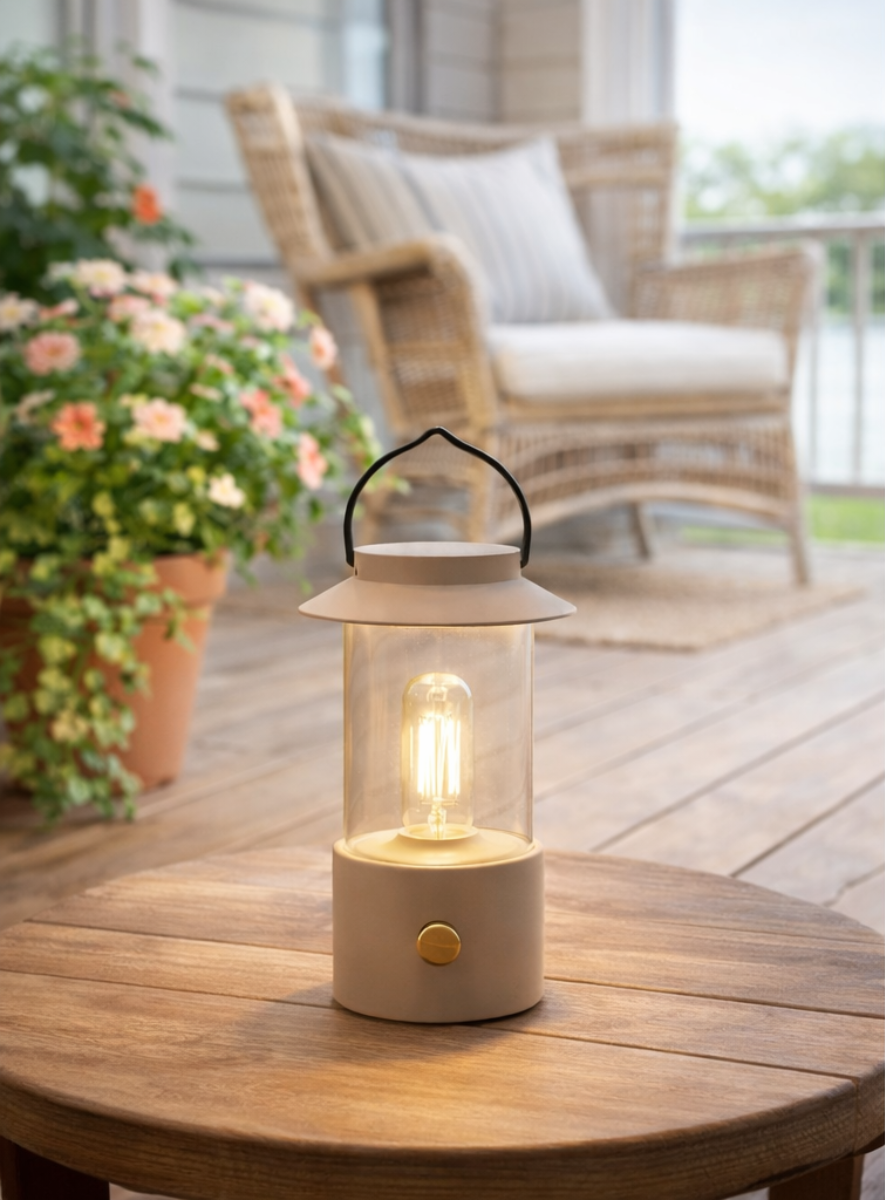 LED Laterne IP44 Warmweiß dimmbar USB sand matt 9x H24cm Warmweißes Licht, stufenlos dimmbar, IP44, USB-Anschluss Innen & Außen