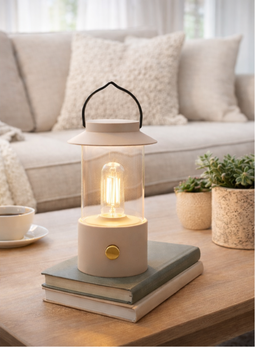 LED Laterne IP44 Warmweiß dimmbar USB sand matt 9x H24cm Warmweißes Licht, stufenlos dimmbar, IP44, USB-Anschluss Innen & Außen