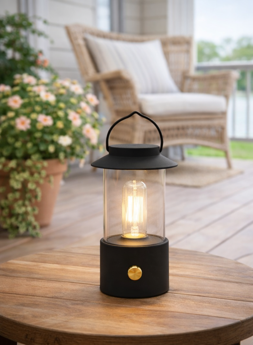 LED Laterne IP44 Warmweiß dimmbar USB sand schwarz 9x H24cm Warmweißes Licht, stufenlos dimmbar, IP44, USB-Anschluss Innen & Außen