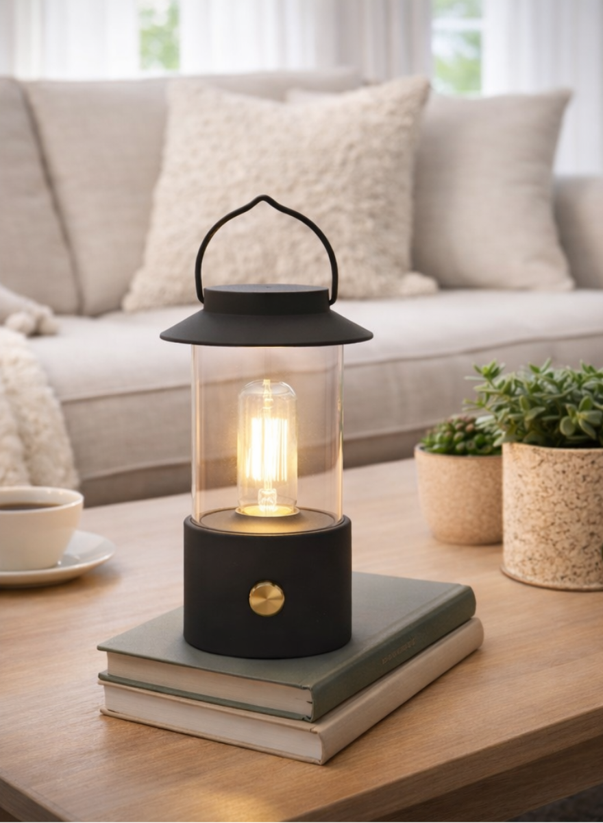 LED Laterne IP44 Warmweiß dimmbar USB sand schwarz 9x H24cm Warmweißes Licht, stufenlos dimmbar, IP44, USB-Anschluss Innen & Außen