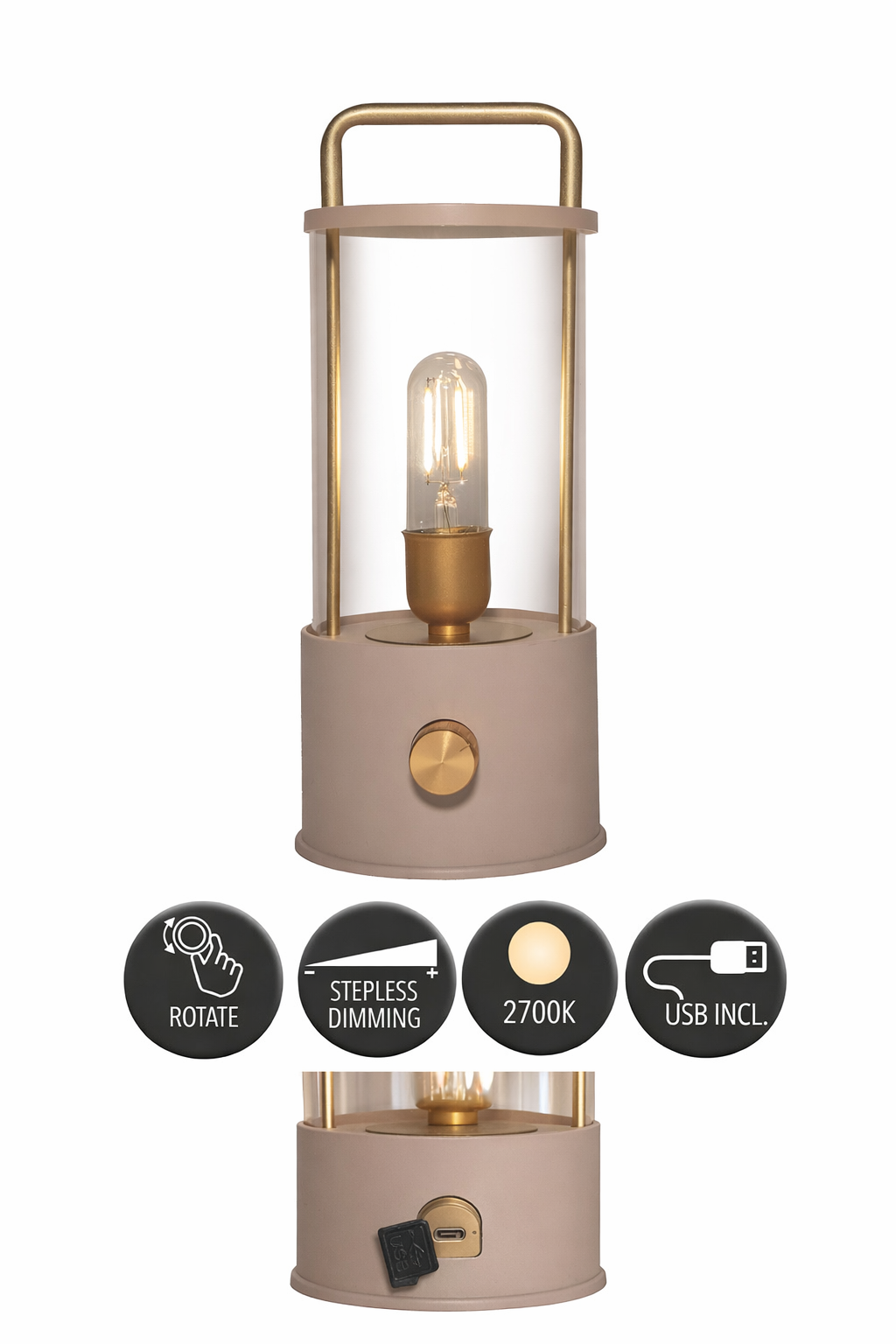 LED Laterne IP44 Warmweiß dimmbar USB matt sand 11x H25cm Warmweißes Licht, stufenlos dimmbar, IP44, USB-Anschluss Innen & Außen