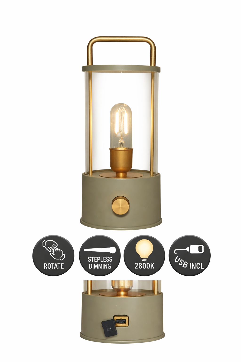 LED Laterne IP44 Warmweiß dimmbar USB matt olive 11x H25cm Warmweißes Licht, stufenlos dimmbar, IP44, USB-Anschluss Innen & Außen