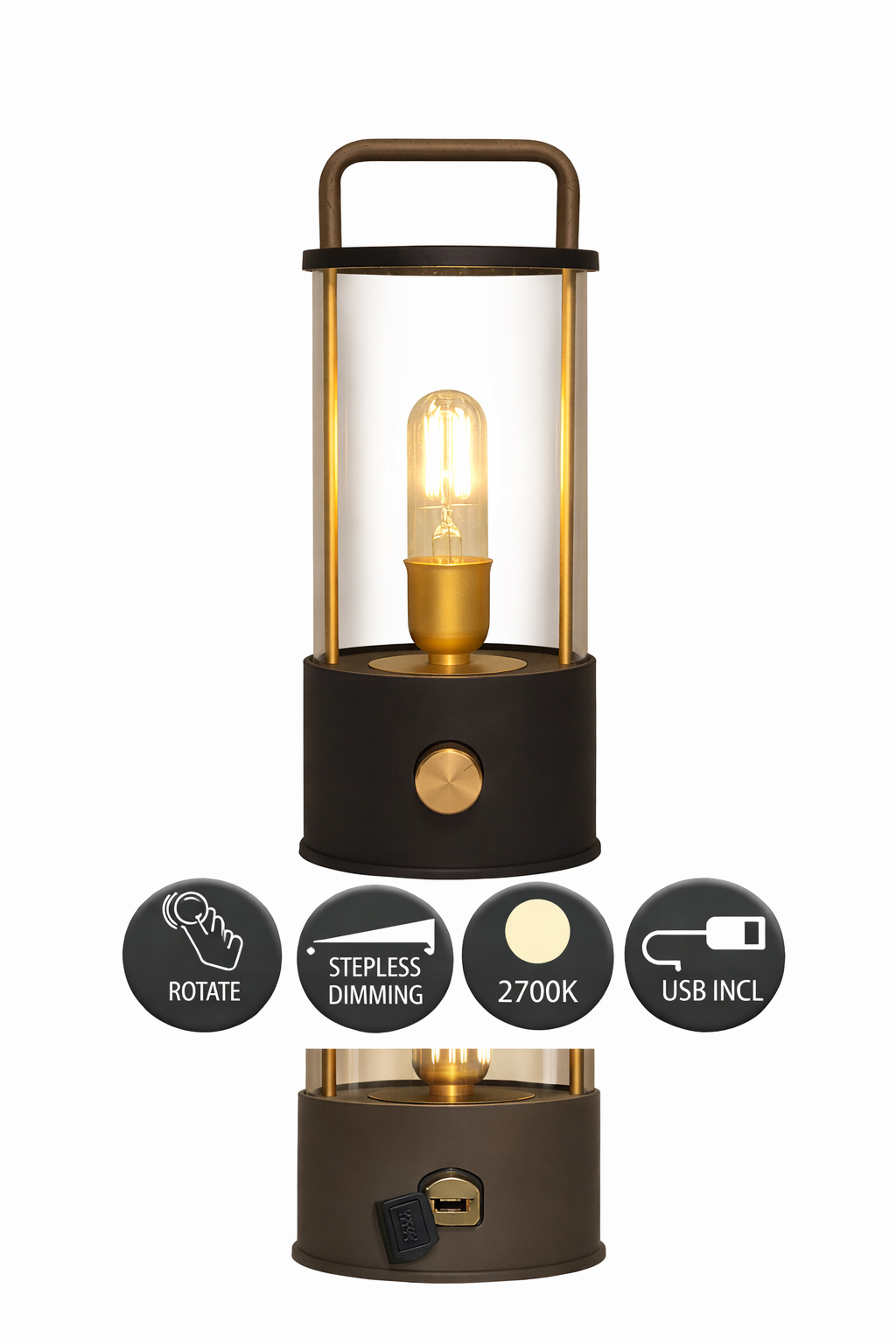 LED Laterne IP44 Warmweiß dimmbar USB matt schwarz 11x H25cm Warmweißes Licht, stufenlos dimmbar, IP44, USB-Anschluss Innen & Außen