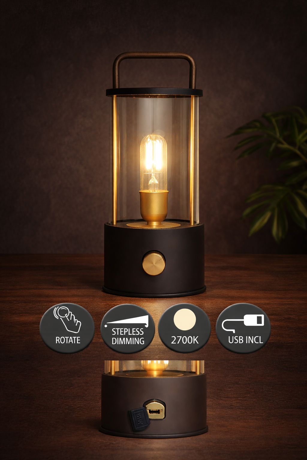 LED Laterne IP44 Warmweiß dimmbar USB matt schwarz 11x H25cm Warmweißes Licht, stufenlos dimmbar, IP44, USB-Anschluss Innen & Außen