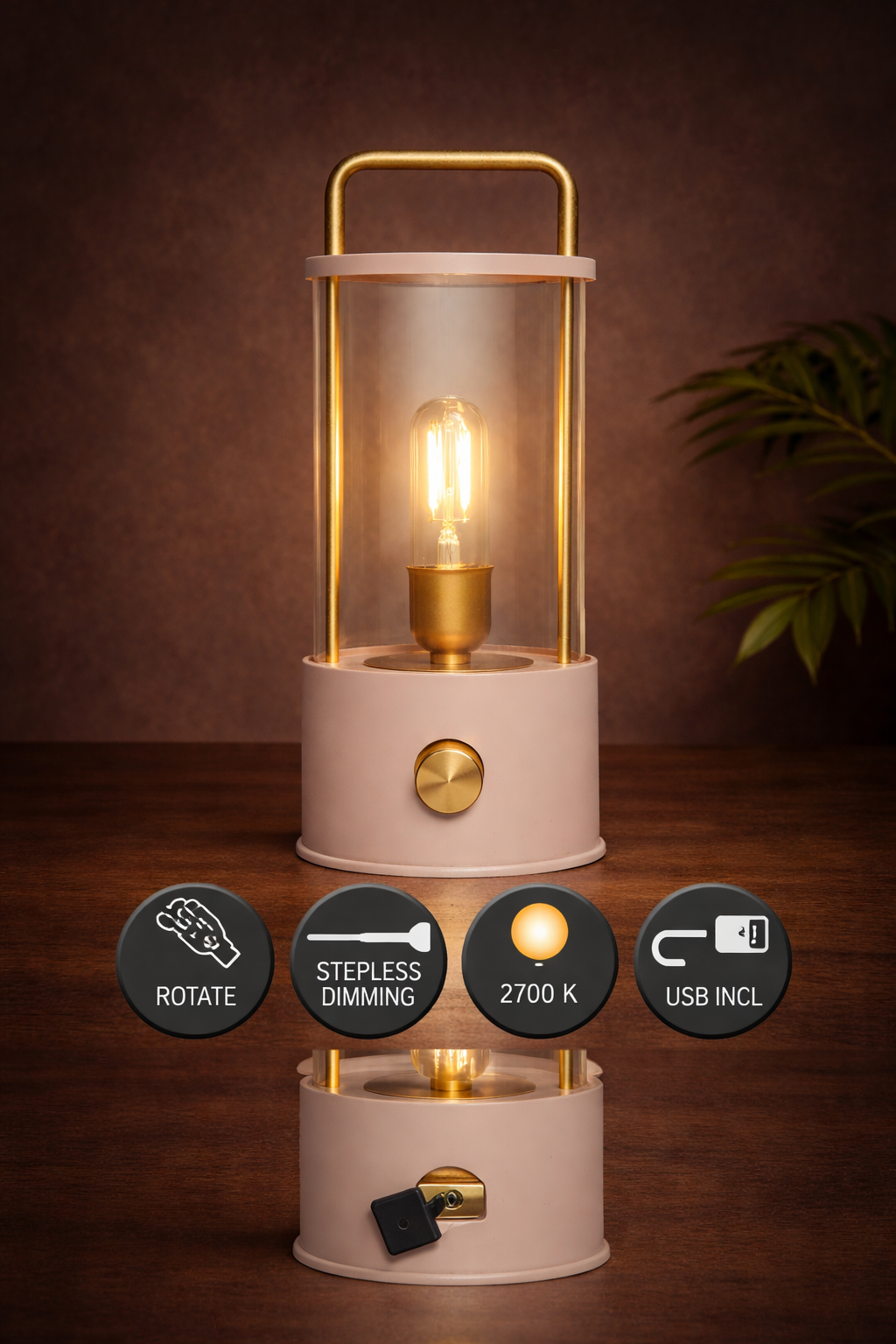 LED Laterne IP44 Warmweiß dimmbar USB matt sand 11x H25cm Warmweißes Licht, stufenlos dimmbar, IP44, USB-Anschluss Innen & Außen
