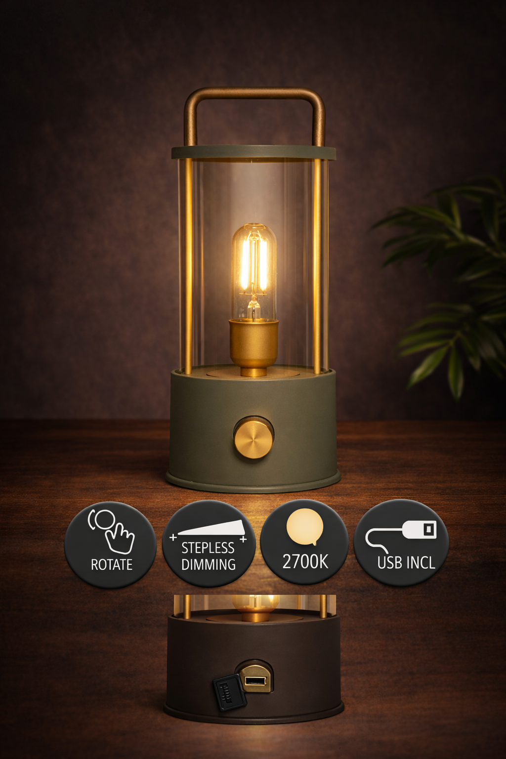 LED Laterne IP44 Warmweiß dimmbar USB matt olive 11x H25cm Warmweißes Licht, stufenlos dimmbar, IP44, USB-Anschluss Innen & Außen