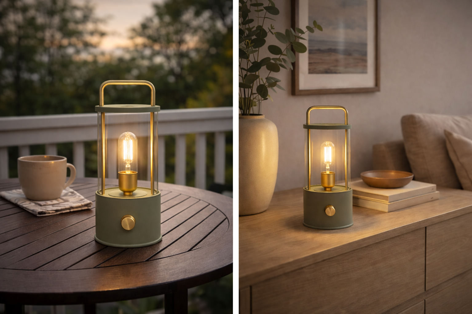 LED Laterne IP44 Warmweiß dimmbar USB matt olive 11x H25cm Warmweißes Licht, stufenlos dimmbar, IP44, USB-Anschluss Innen & Außen