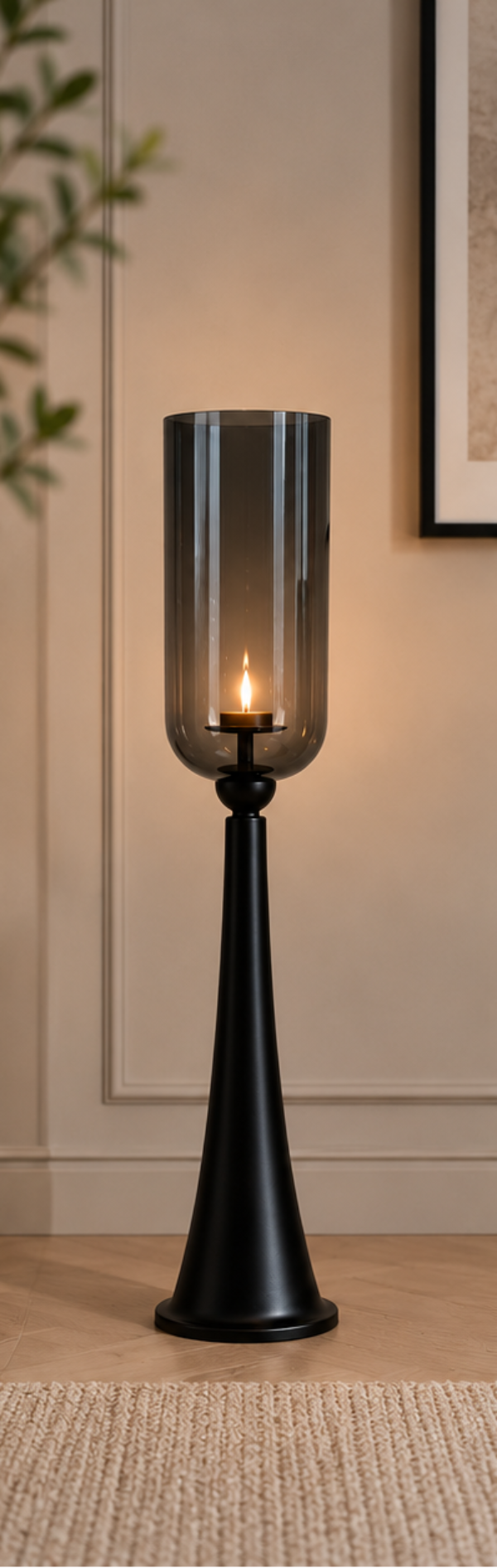 Kerzenständer Säule schwarz mit Glas Hurricane – Windlicht aus Metall & Glas – H78 / H93 / H110 cm – Eleganter Boden-Kerzenhalter für Wohnzimmer, Flur & Eventdekoration 3Größen wählbar