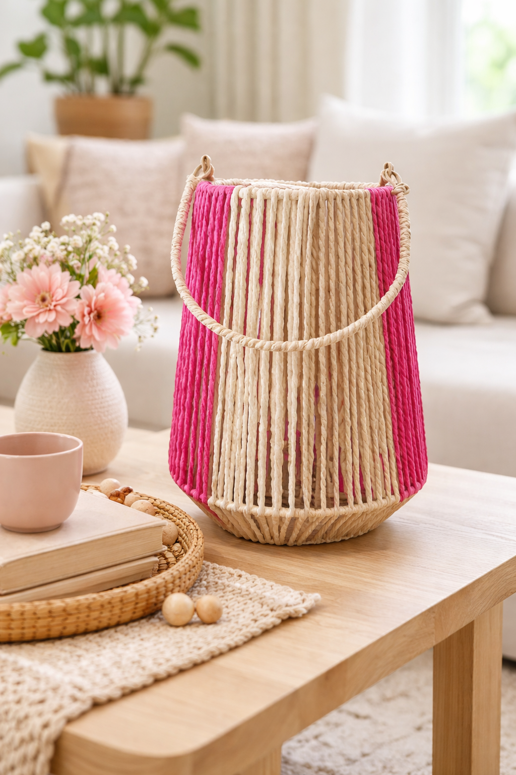 Laterne mit Glas Einsatz natur/pink H34cm Glas Ø11,5cm H12cm Dekorative Gartenlaterne Tischlaterne für Kerzen Wohn- & Gartendeko