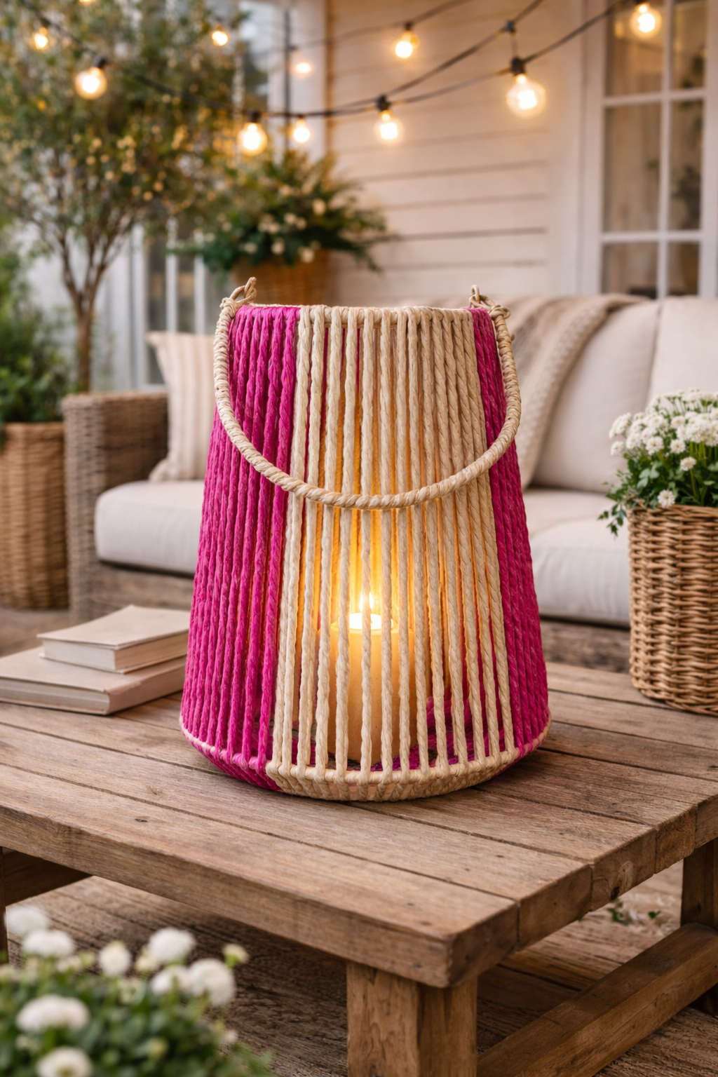Laterne mit Glas Einsatz natur/pink H34cm Glas Ø11,5cm H12cm Dekorative Gartenlaterne Tischlaterne für Kerzen Wohn- & Gartendeko