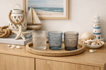 Lade das Bild in den Galerie-Viewer, Windlicht 3Fb.sort. Maritim Glas grau/blau Ø8cm H10cm
