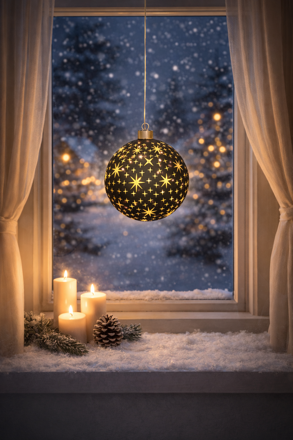 LED Glaskugel Glas schwarz/gold Sterne mit Timer Ø15cm Weihnachtskugel LED zum Hängen Elegante LED Kugel als festliche Weihnachtsbeleuchtung