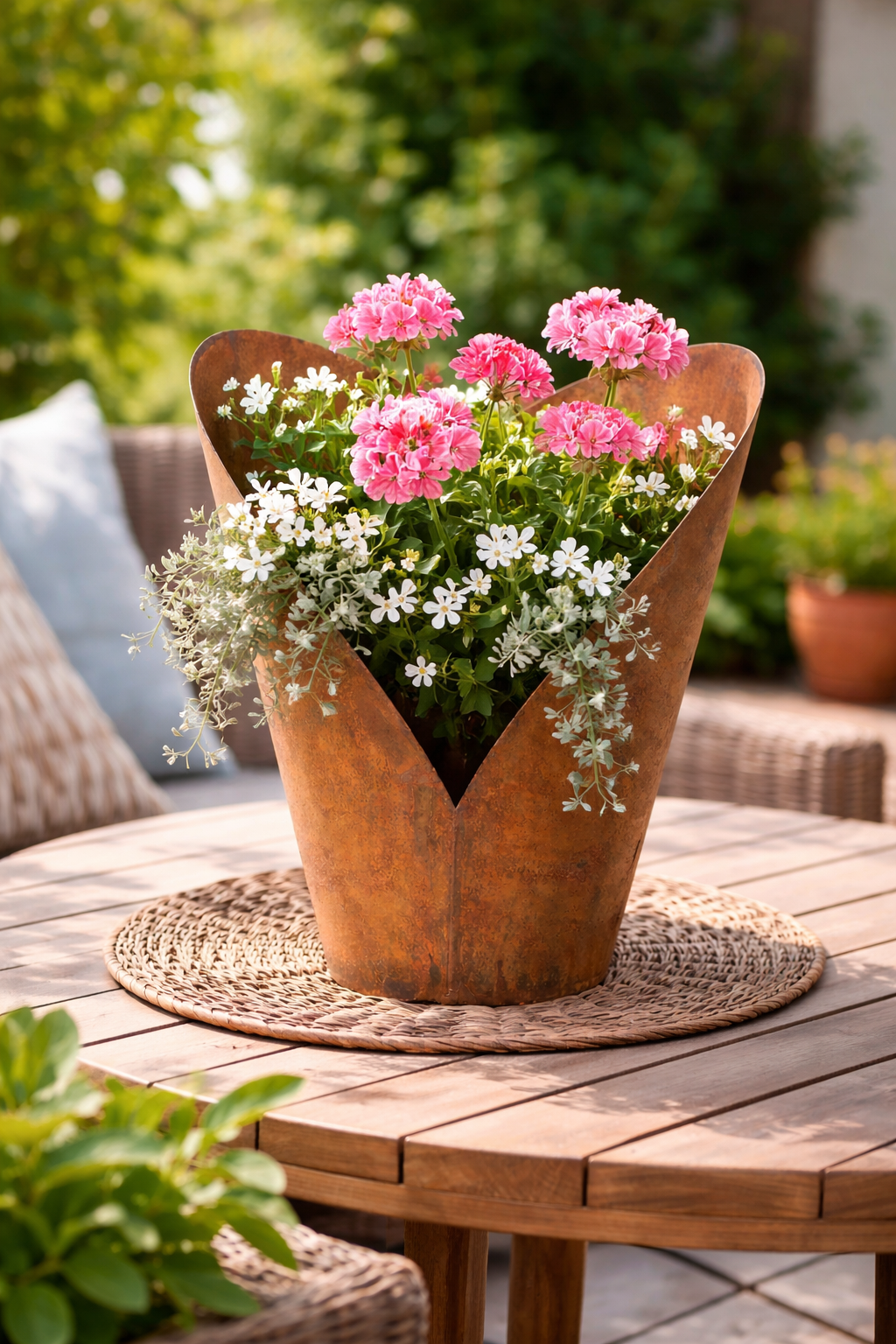 Rostfarbener Herzförmiger Metalltopf - Stilvolle Pflanzgefäß für Terrasse und Garten, Ø22cm, H26cm – Stilvolles Pflanzgefäß im industriellen Design, Garten