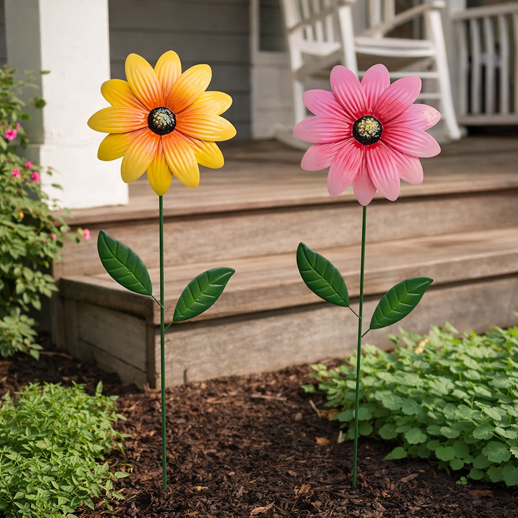 Stecker „Blume“ – farbenfrohe Metall‑Gartendeko 2fach sort. Gartenstecker gelb & pink Ø24cm H90cm