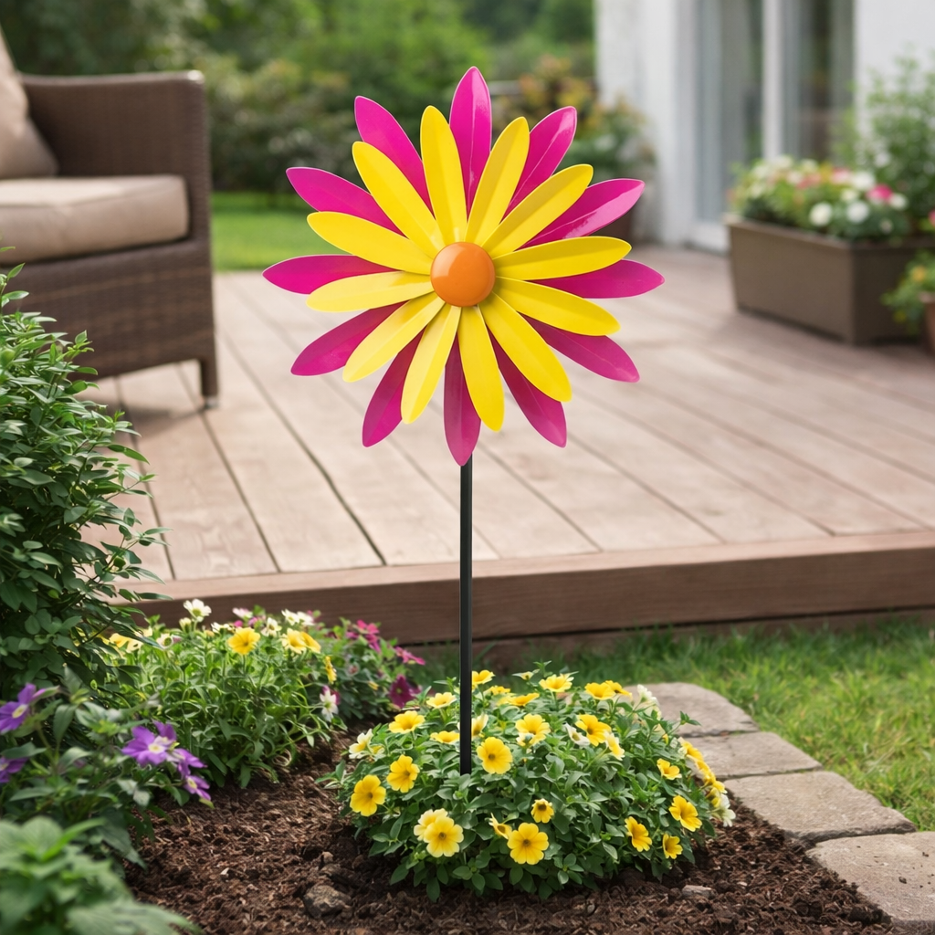 Metall Windrad Gartenstecker Ø 28×12 cm | 114 cm Höhe, Buntes Windspiel Pink/Orange/Gelb, Wetterfeste Garten‑Deko Outdoor Windmühle
