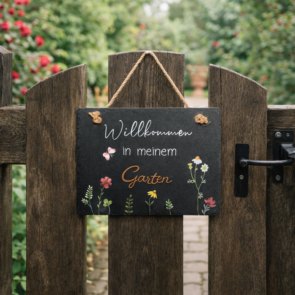 Spruchschild Schiefertafel zum Aufhängen Schieferplatte Eingangstür Gartentür 20x15cm