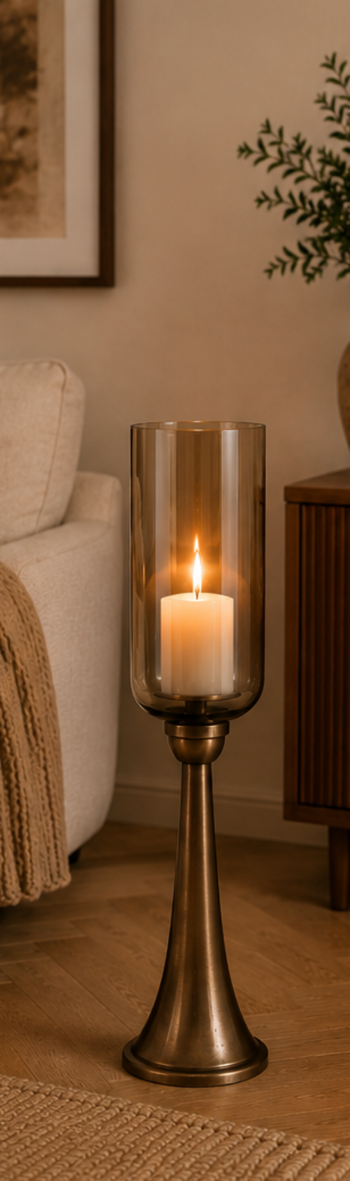 Kerzenständer Säule Bronze mit Glas Hurricane – Windlicht aus Metall & Glas – H78 / H93 / H110 cm – Eleganter Boden-Kerzenhalter für Wohnzimmer, Flur & Eventdekoration 3Größen wählbar