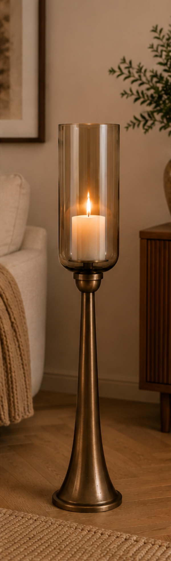 Kerzenständer Säule Bronze mit Glas Hurricane – Windlicht aus Metall & Glas – H78 / H93 / H110 cm – Eleganter Boden-Kerzenhalter für Wohnzimmer, Flur & Eventdekoration 3Größen wählbar