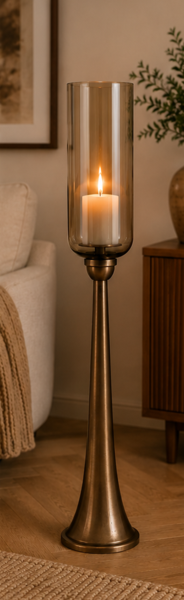 Kerzenständer Säule Bronze mit Glas Hurricane – Windlicht aus Metall & Glas – H78 / H93 / H110 cm – Eleganter Boden-Kerzenhalter für Wohnzimmer, Flur & Eventdekoration 3Größen wählbar