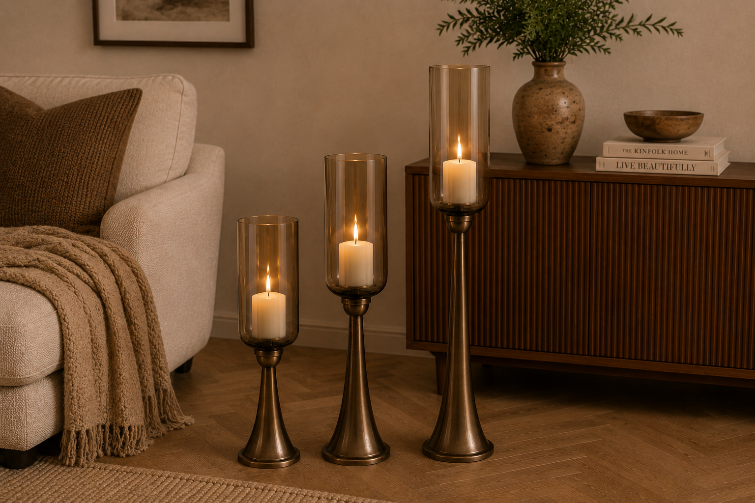 Kerzenständer Säule Bronze mit Glas Hurricane – Windlicht aus Metall & Glas – H78 / H93 / H110 cm – Eleganter Boden-Kerzenhalter für Wohnzimmer, Flur & Eventdekoration 3Größen wählbar