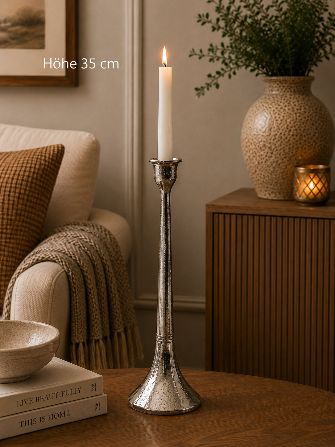Kerzenständer Nickel H28 cm & H35 cm – Eleganter Kerzenleuchter mit Trumpet Base – Metall Kerzenhalter für Stabk 2Größen wählbar