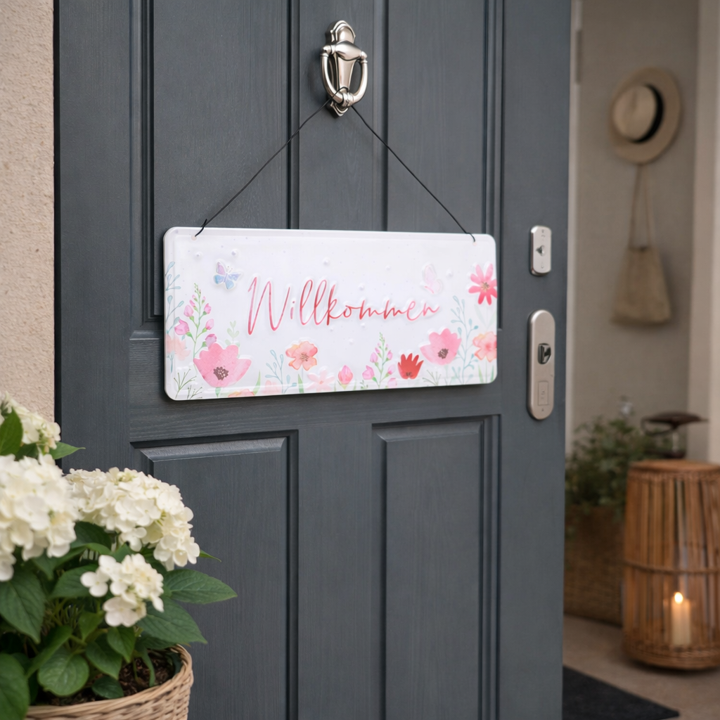 Spruchschild "Willkommen" Schild aus Metall – Geprägt – Dekoschild für Haus & Eingang – ca. 30 x 13 cm Spruchschild Garten