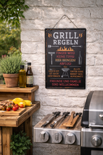 Lade das Bild in den Galerie-Viewer, Spruchschild "GRILL REGELN" Schild aus Metall – Geprägt – Dekoschild für Haus &amp; Eingang – ca. 22 x 32 cm Dekoschild Garten

