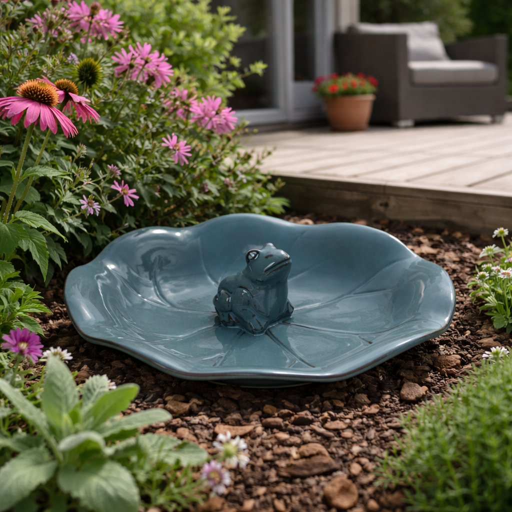 Vogeltränke aus Porzellan mit Frosch-Figur – petrol – Ø 31 cm, Höhe 8 cm – nicht frostfest & dekorativ Porzellan Vogelbad Garten