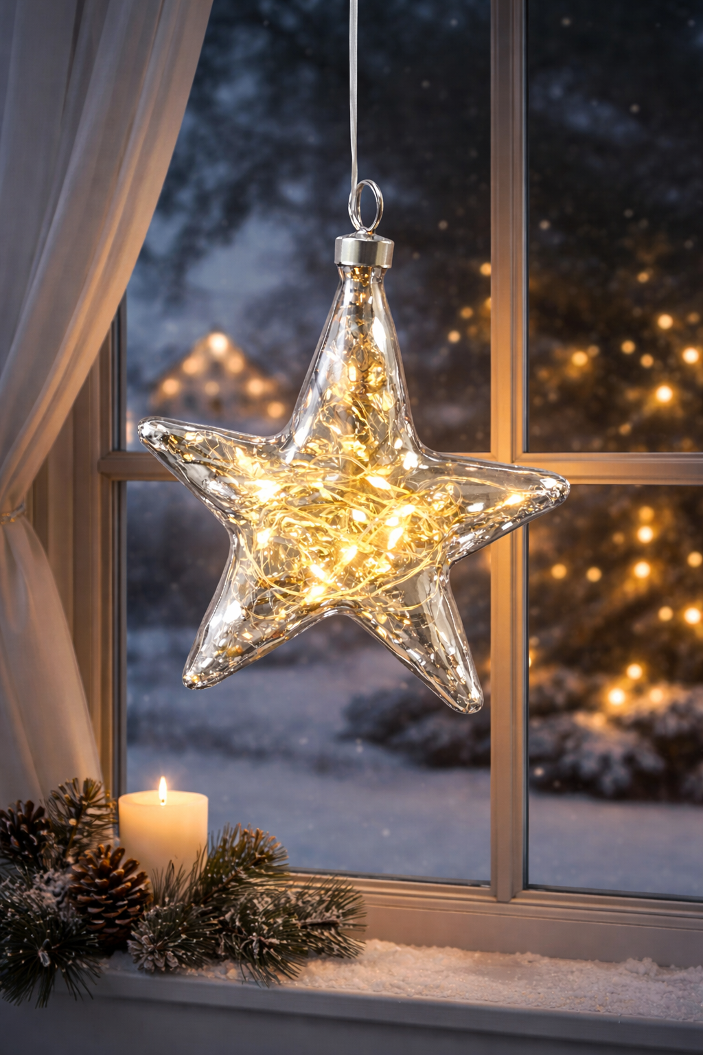 LED Stern Glas Ø12cm grau 10LED Lichter transparent mit Timer Dekohänger Weihnachten Fensterdeko
