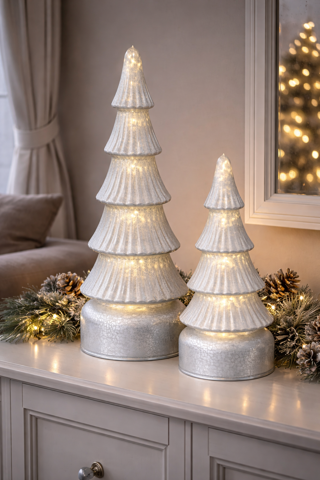 LED Tanne Glas H34cm+H40cm silber 10LED Lichter blinkend drehbare Tannenbaum Weihnachten Tischdeko 2Größen wählbar