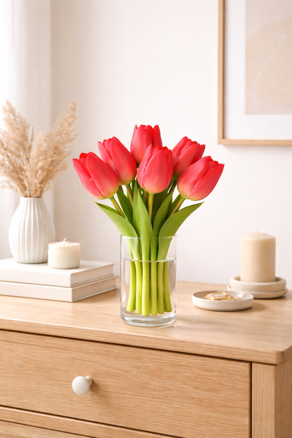 6x Tulpen künstlich mini L19cm Real Touch Kunstblumen dunkelrosa Frühling Deko