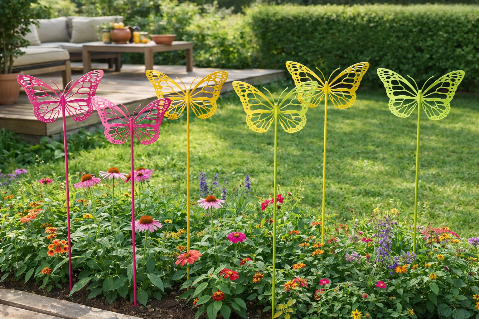 Schmetterling Metall am Stab – 15 cm Schmetterling, Gesamtlänge 60 cm – Gelb, Pink & Zitrone – Dekostecker für Garten & Balkon (farblich sortiert)