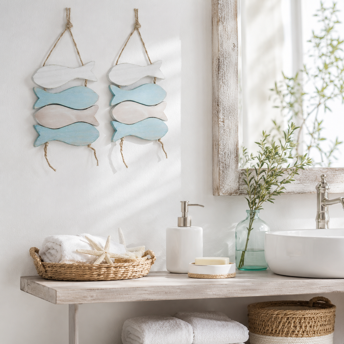 2 x Maritim Hänger Deko Mobile Fisch L40cm Holz hellblau/weiß – finehomegarden
