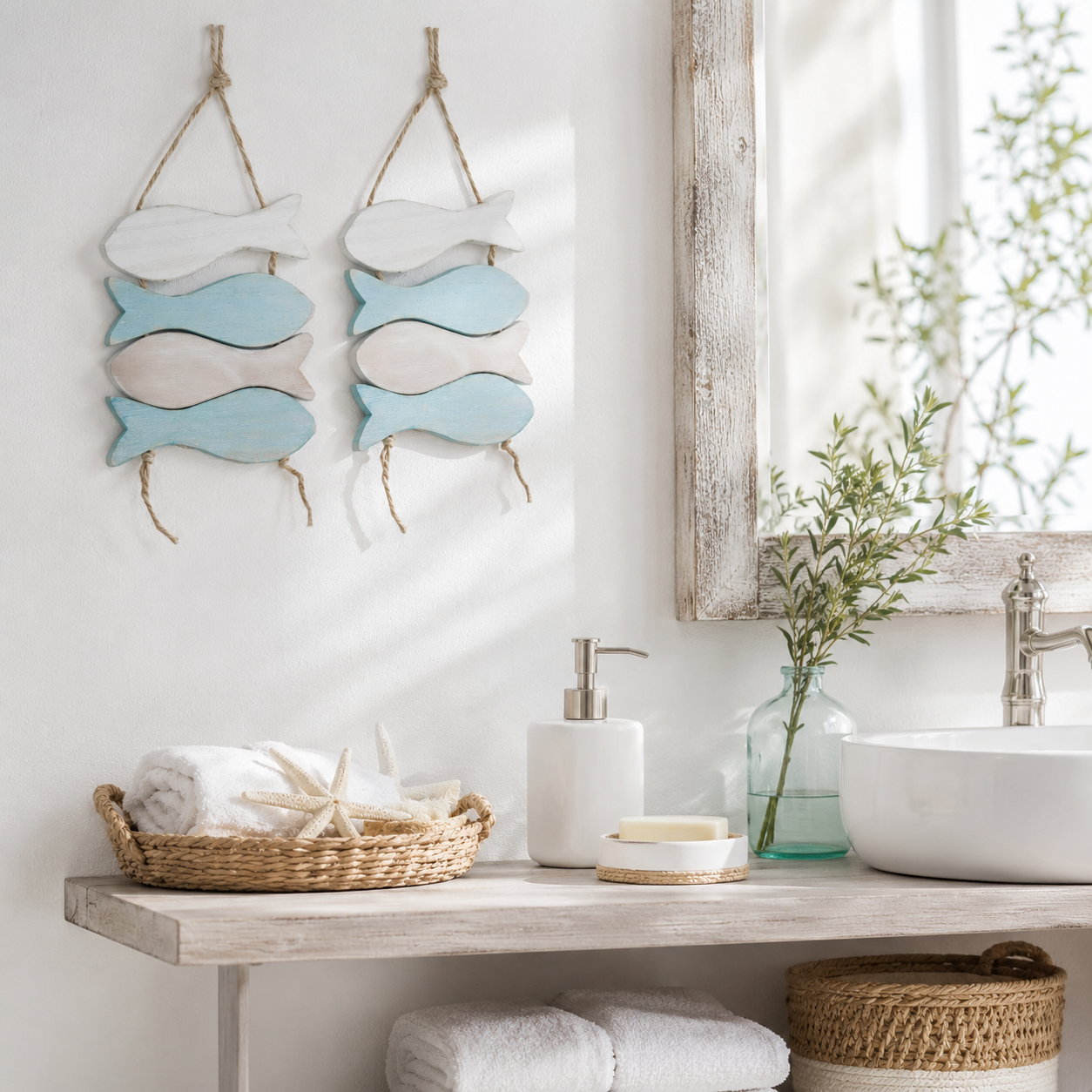 2 x Maritim Hänger Deko Mobile Fisch L40cm Holz hellblau/weiß