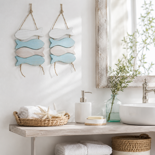 2 x Maritim Hänger Deko Mobile Fisch L40cm Holz hellblau/weiß