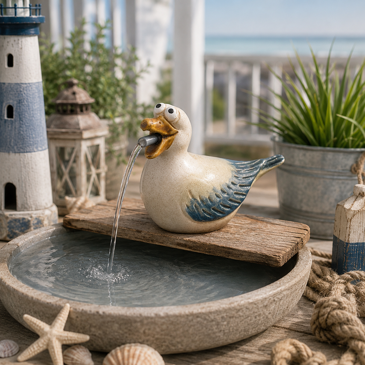 Wasserspeier Möwe und Pumpe blau-natur Steinzeug Wasserspiel 16x8cm H12cm Dekorativer Gartenbrunnen für Teich, Wasserschale, Terrasse & Balkon