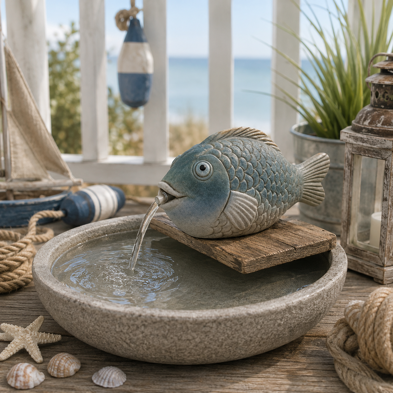 Wasserspeier Fisch und Pumpe blau Steinzeug Wasserspiel 21,6x9cm H11cm Dekorativer Gartenbrunnen für Teich, Wasserschale, Terrasse & Balkon