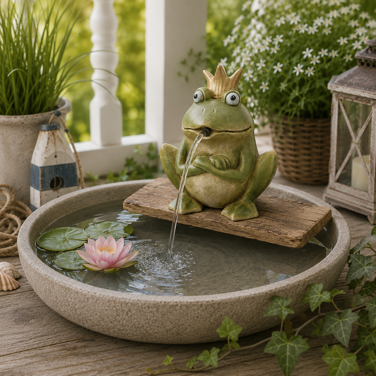 Wasserspeier Frosch mit Krone und Pumpe grün Steinzeug Wasserspiel 15x12cm H18cm cm Dekorativer Gartenbrunnen für Teich, Wasserschale, Terrasse & Balkon