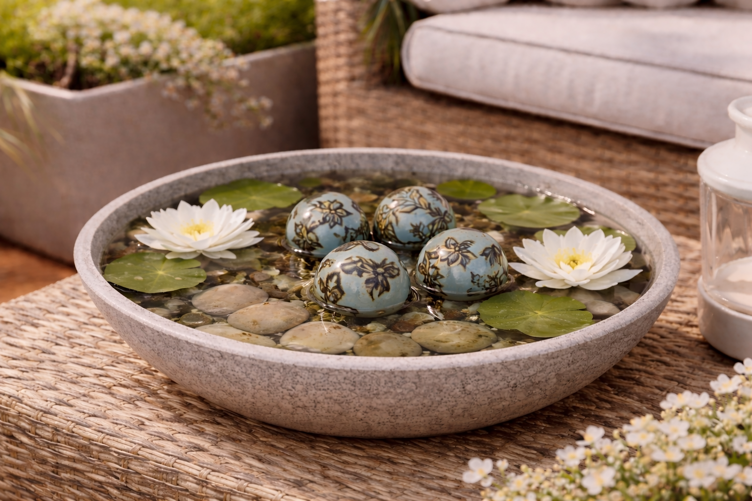 Schwimmkugel 2fach sort. hellblau Ø4cm/Ø6cm/Ø8cm Blüten Porzellan Gartendekoration Schwimmende Deko Kugeln für Teich, Brunnen & Wasserschalen Elegante Garten Deko 3Größen wählbar