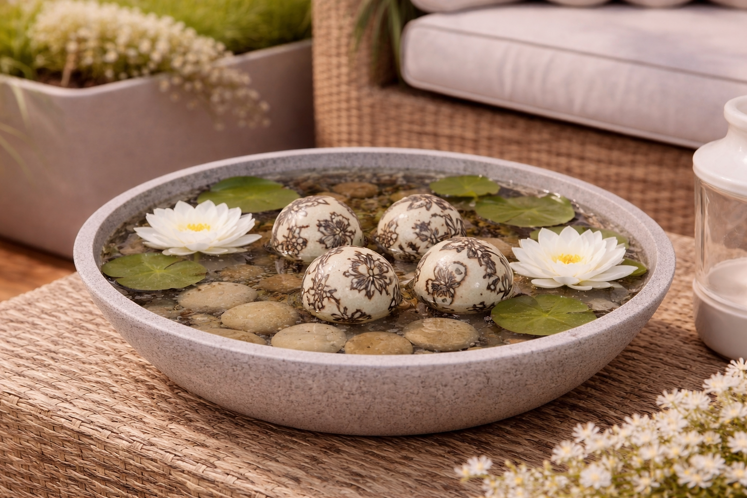 Schwimmkugel 2fach sort. hellgrün Ø4cm/Ø6cm/Ø8cm Blüten Porzellan Gartendekoration Schwimmende Deko Kugeln für Teich, Brunnen & Wasserschalen Elegante Garten Deko 3Größen wählbar