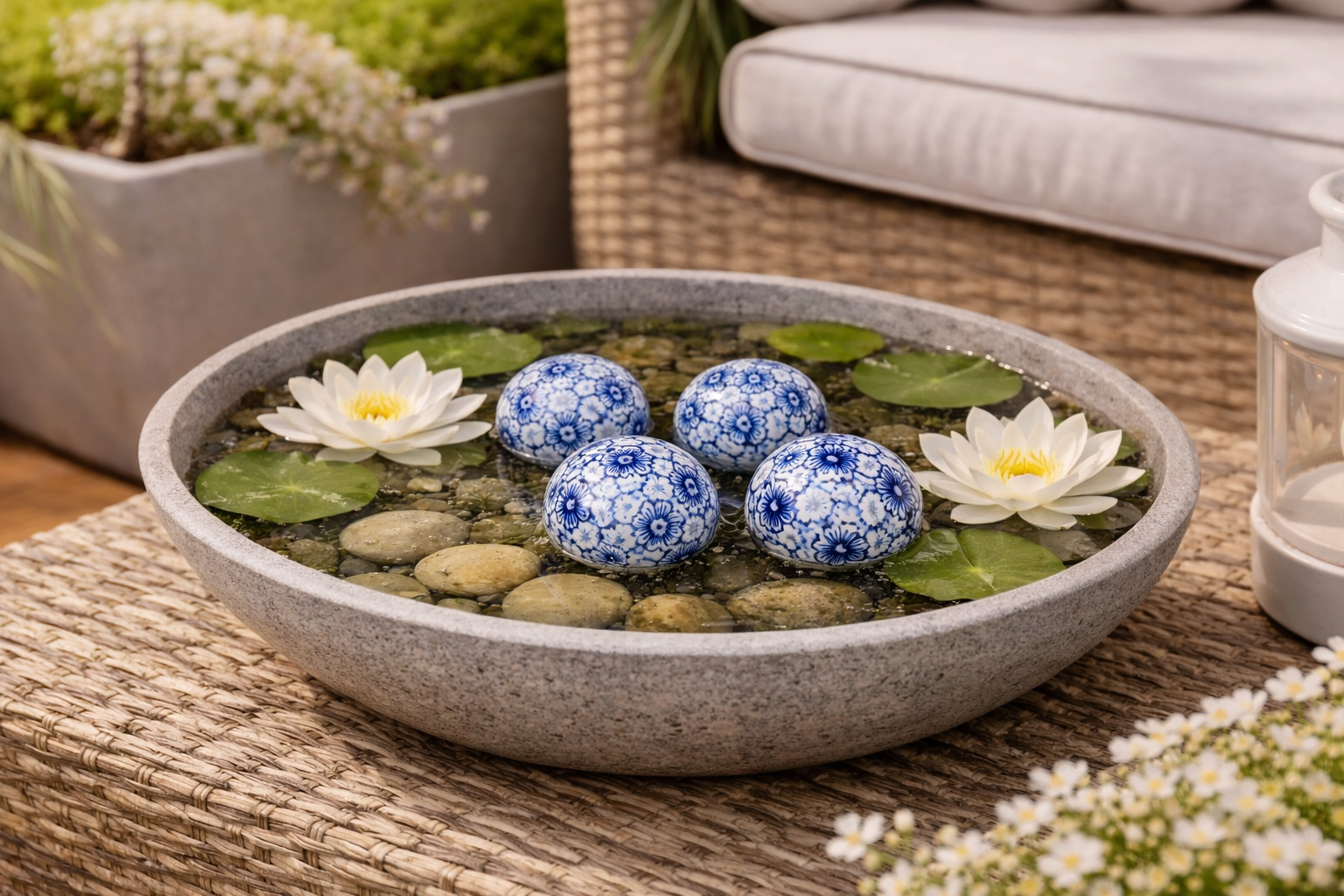 Schwimmkugel blau/weiß Ø4cm/Ø6cm/Ø7,5cm Blüten Porzellan Gartendekoration Schwimmende Deko Kugeln für Teich, Brunnen & Wasserschalen Elegante Garten Deko 3Größen wählbar