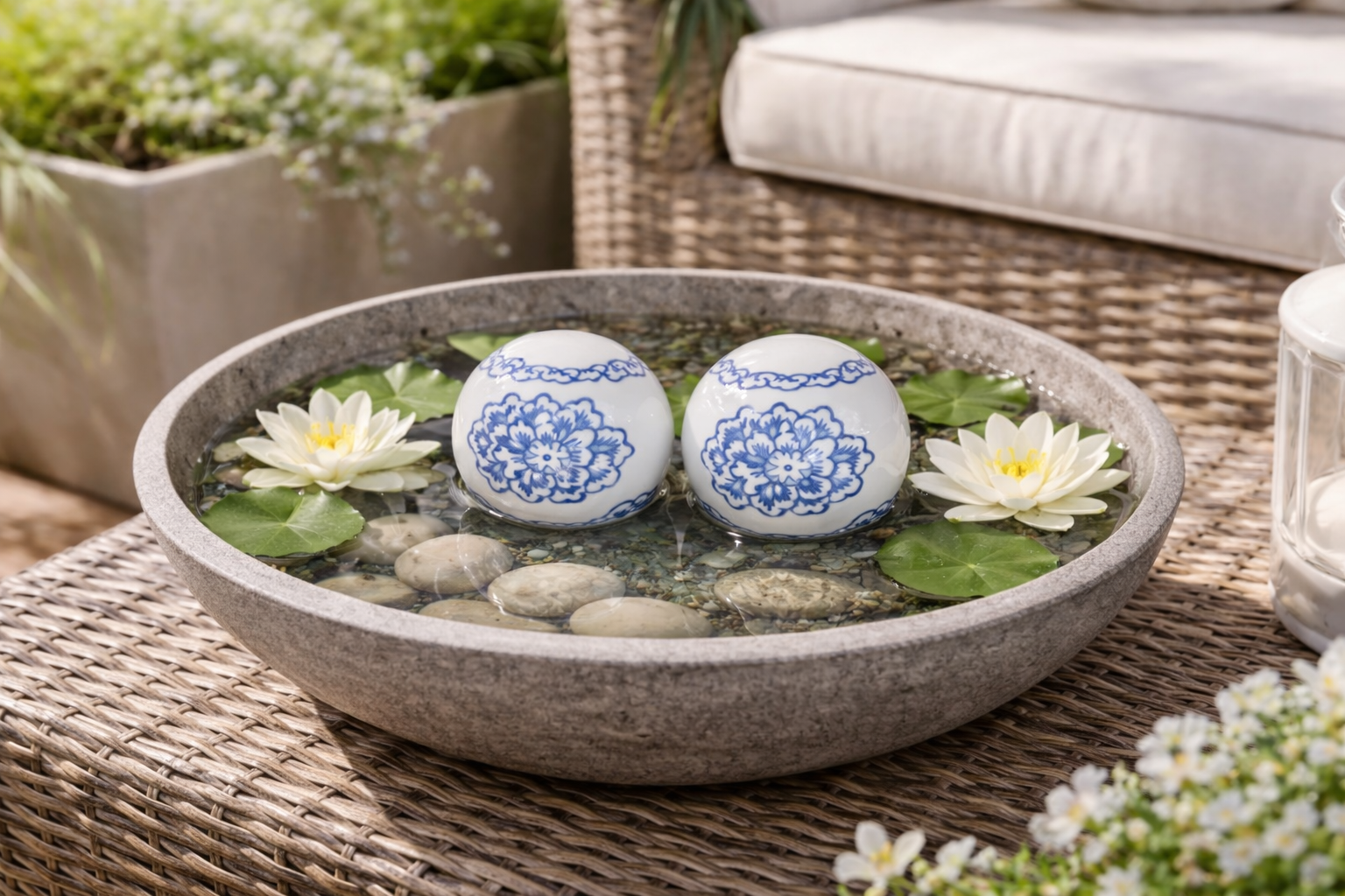 Schwimmkugel weiß/blau Ø4cm/Ø6cm/Ø7,5cm Blüten Porzellan Gartendekoration Schwimmende Deko Kugeln für Teich, Brunnen & Wasserschalen Elegante Garten Deko 3Größen wählbar