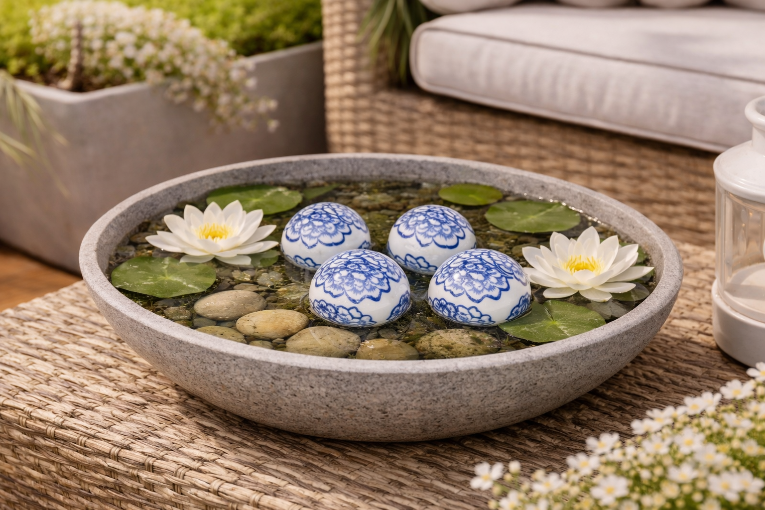 Schwimmkugel weiß/blau Ø4cm/Ø6cm/Ø7,5cm Blüten Porzellan Gartendekoration Schwimmende Deko Kugeln für Teich, Brunnen & Wasserschalen Elegante Garten Deko 3Größen wählbar