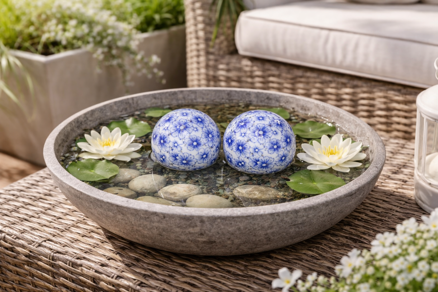Schwimmkugel blau/weiß Ø4cm/Ø6cm/Ø7,5cm Blüten Porzellan Gartendekoration Schwimmende Deko Kugeln für Teich, Brunnen & Wasserschalen Elegante Garten Deko 3Größen wählbar