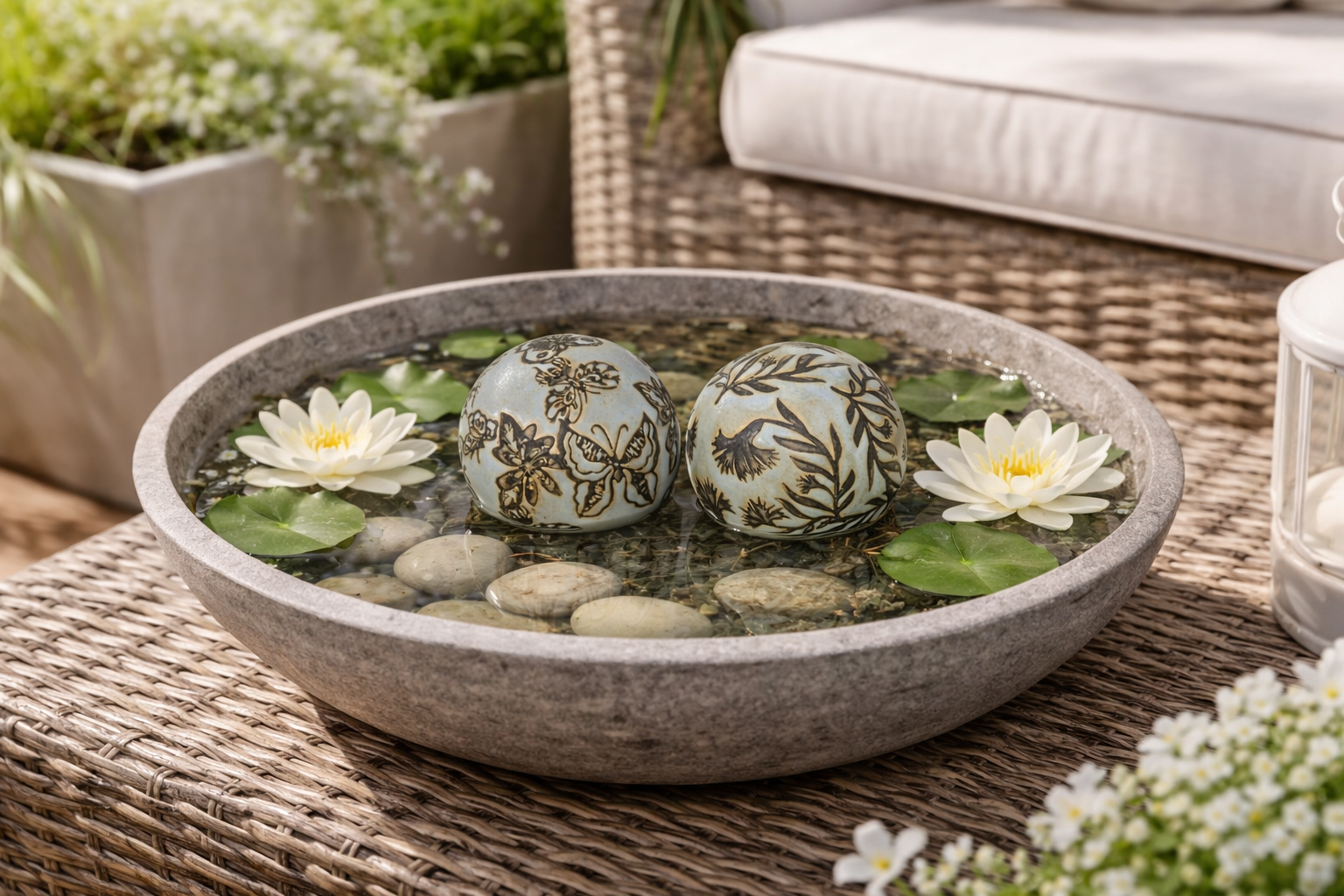 Schwimmkugel 2fach sort. hellblau Ø4cm/Ø6cm/Ø8cm Blüten Porzellan Gartendekoration Schwimmende Deko Kugeln für Teich, Brunnen & Wasserschalen Elegante Garten Deko 3Größen wählbar