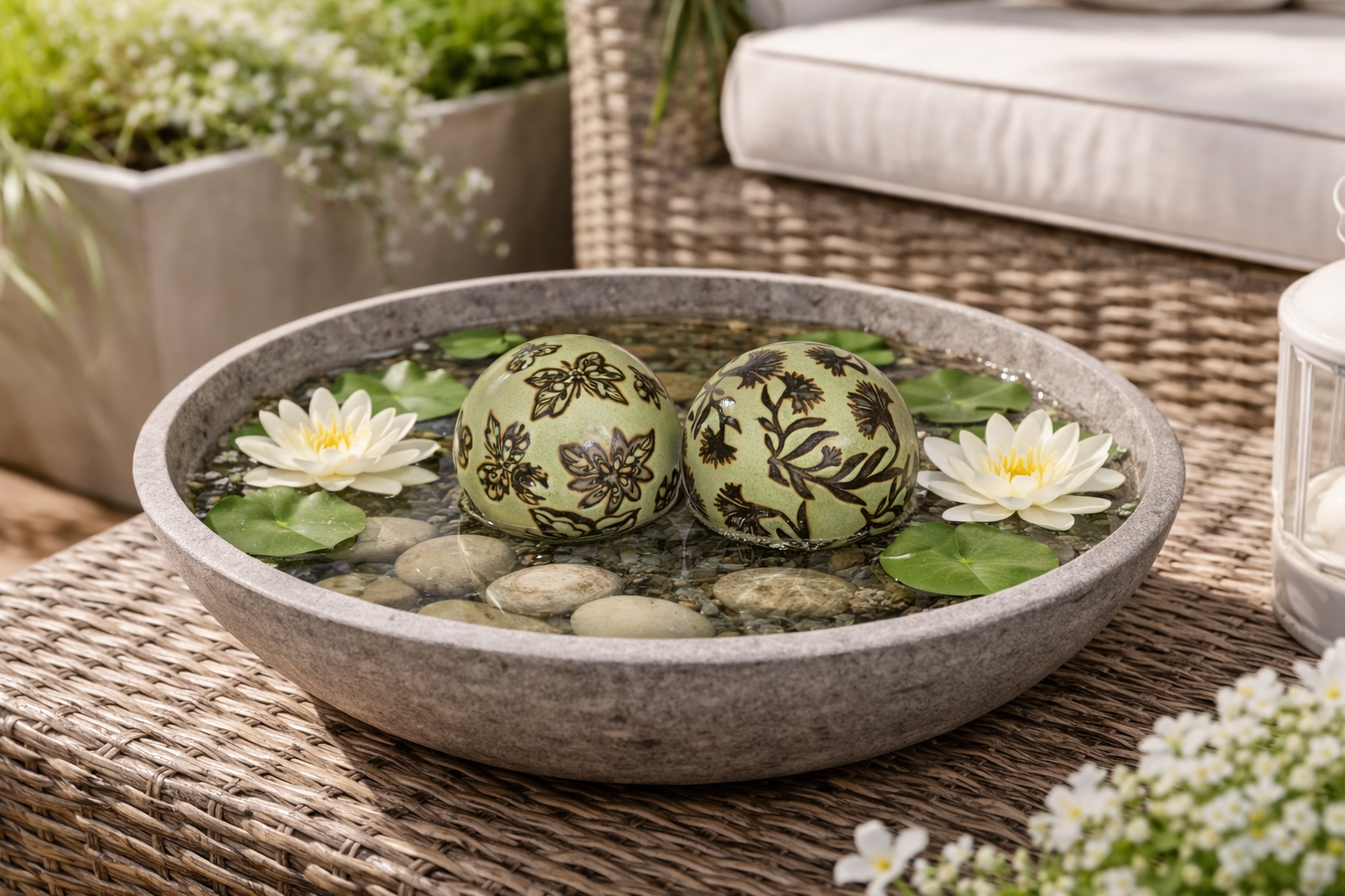 Schwimmkugel 2fach sort. hellgrün Ø4cm/Ø6cm/Ø8cm Blüten Porzellan Gartendekoration Schwimmende Deko Kugeln für Teich, Brunnen & Wasserschalen Elegante Garten Deko 3Größen wählbar