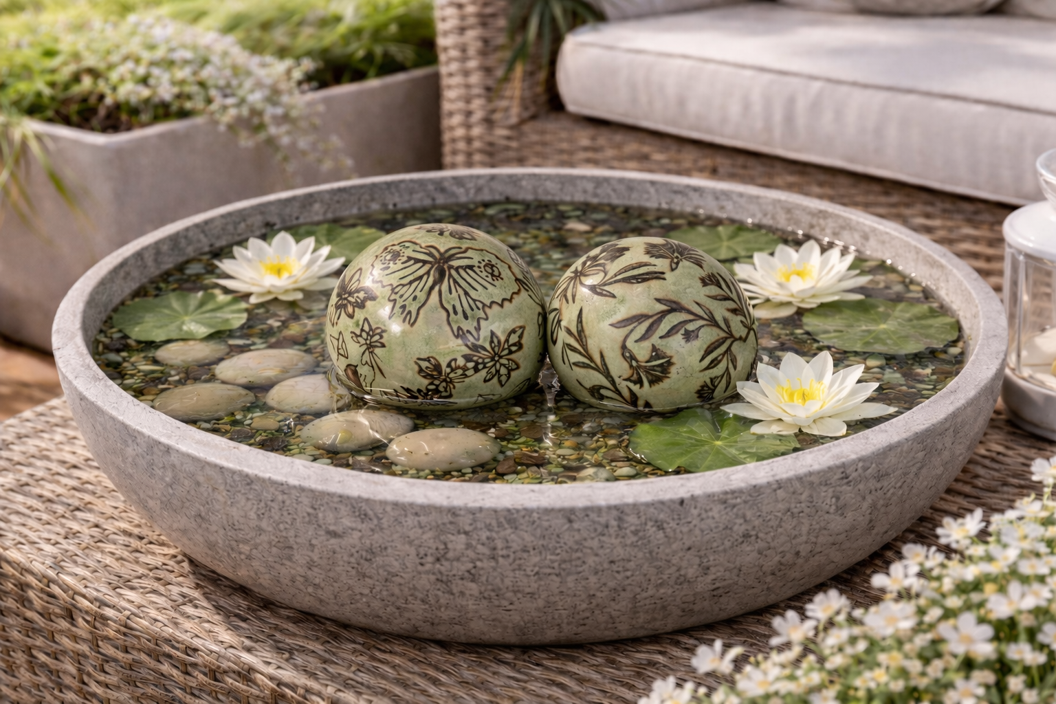 Schwimmkugel 2fach sort. hellgrün Ø4cm/Ø6cm/Ø8cm Blüten Porzellan Gartendekoration Schwimmende Deko Kugeln für Teich, Brunnen & Wasserschalen Elegante Garten Deko 3Größen wählbar