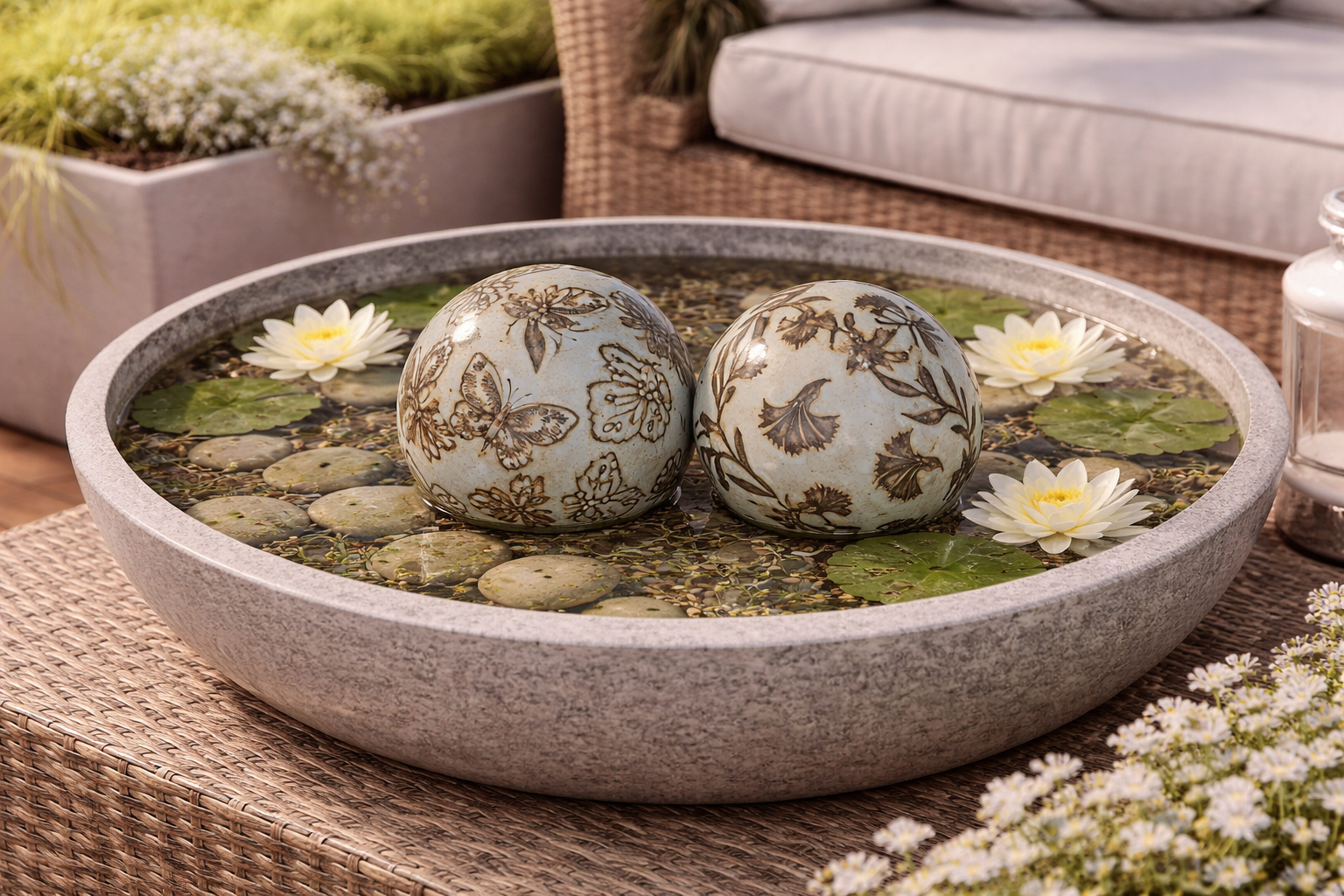 Schwimmkugel 2fach sort. hellblau Ø4cm/Ø6cm/Ø8cm Blüten Porzellan Gartendekoration Schwimmende Deko Kugeln für Teich, Brunnen & Wasserschalen Elegante Garten Deko 3Größen wählbar