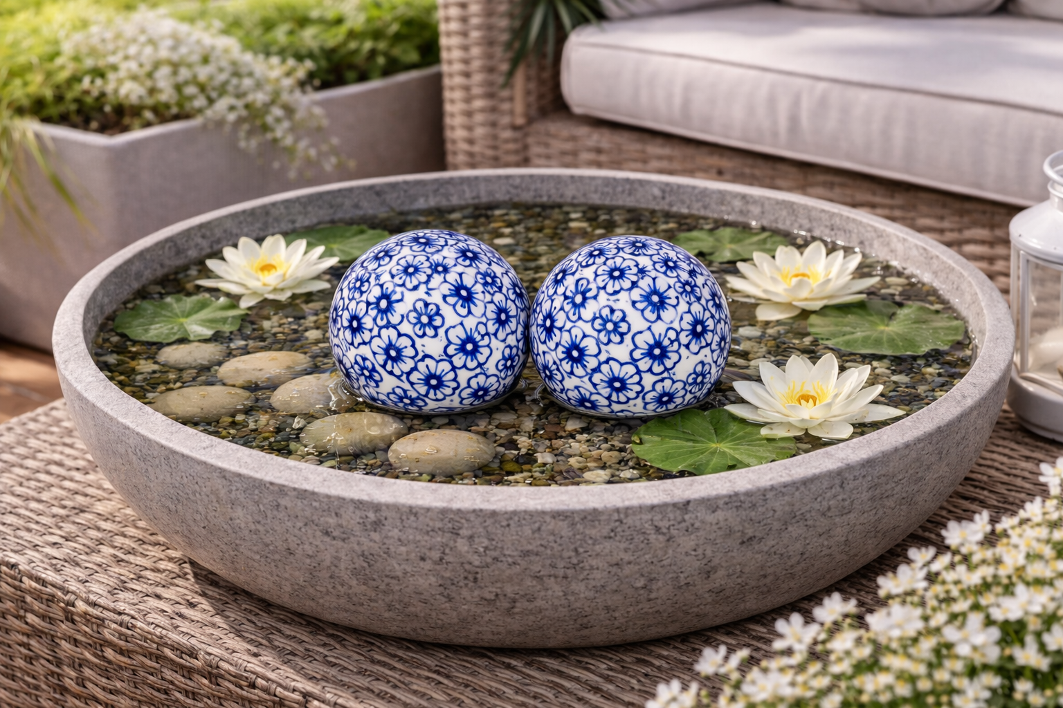 Schwimmkugel blau/weiß Ø4cm/Ø6cm/Ø7,5cm Blüten Porzellan Gartendekoration Schwimmende Deko Kugeln für Teich, Brunnen & Wasserschalen Elegante Garten Deko 3Größen wählbar